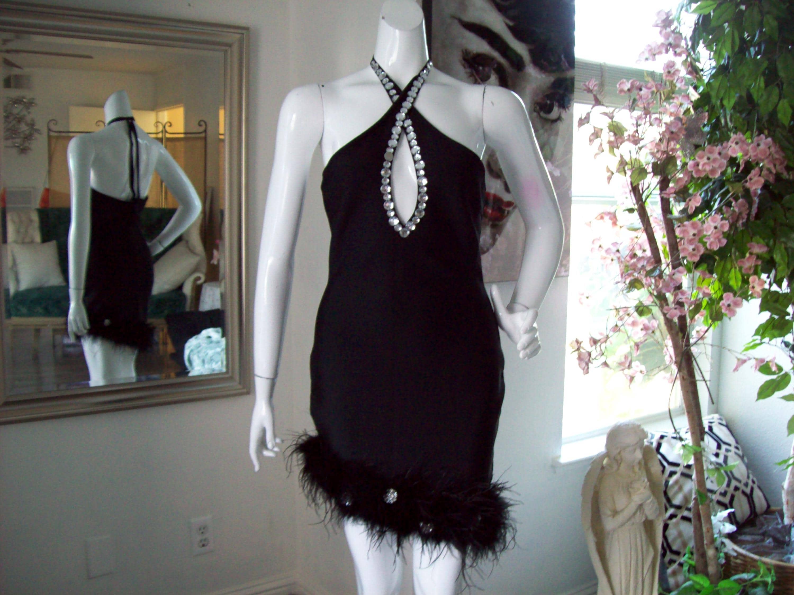 Halter Bodycon Dress Bandage Evening Bejeweled Bedazzled Besexy Criss-cross  Front Feather Jeweled Hemline Mini Dress Hiked up Hem Sz L - Etsy