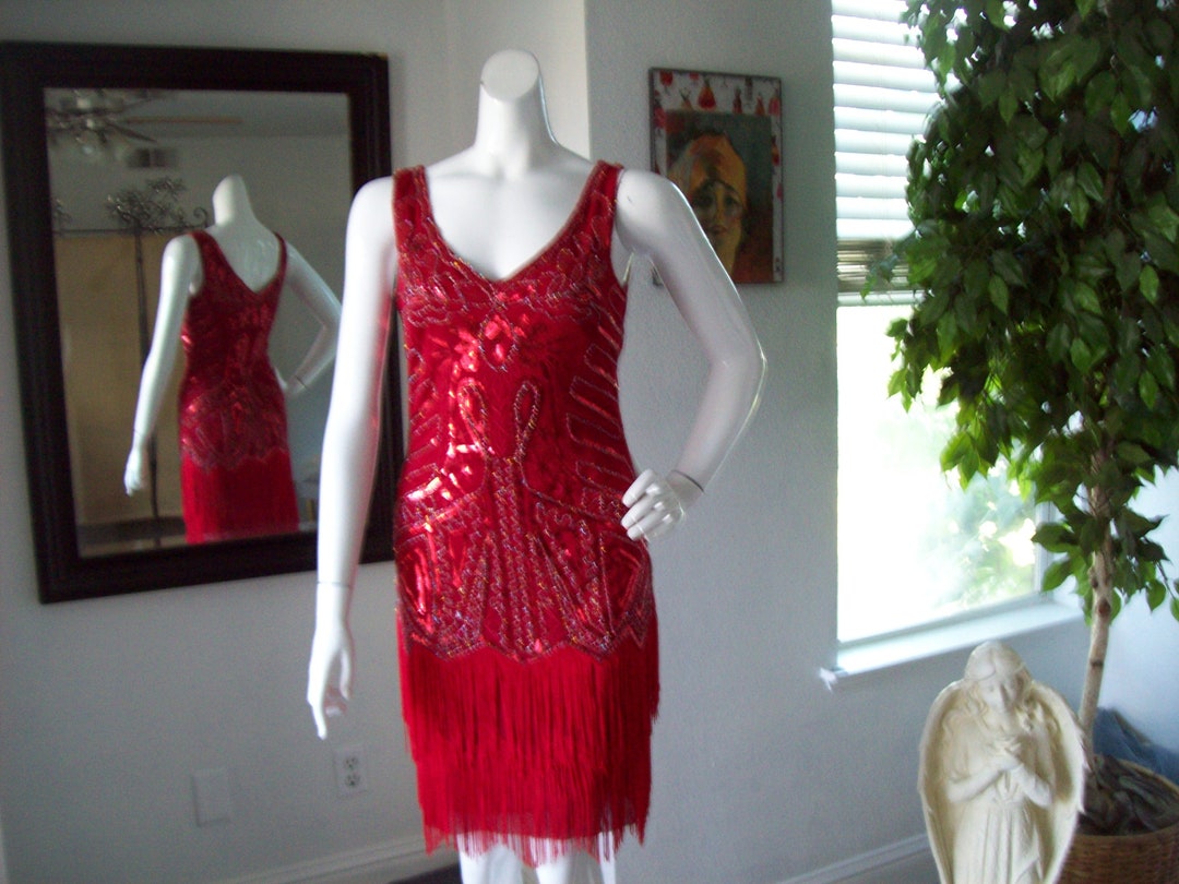 Flapper Dress Lipstick Red Sexy Layered Fringe Metallic Sparkle Thread  Sequins Embroidered Detail Roaring 20s Great Gatsby Charleston Sz S - Etsy