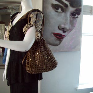 Fishnet Woven Sequin Drawstring Bag Slouchy Metallic Gold  Drawstring Inner Bag Braided Woven Straps Unique Fun Handbag Cocoa Brown Gold