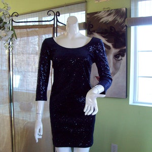 Bodycon Party Dress Sequin Sparkle Dress Midnight Sapphire Blue Clubbing 3/4 Sleeves Open V-Back Scoop Neck Clubbing Disco Party Sz M