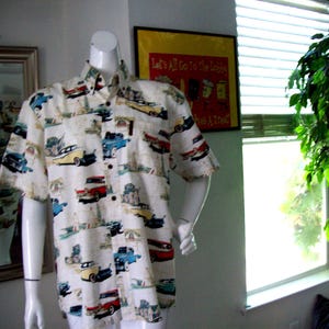 Men's Car Show Shirt Hot August Nites RockN'Roll Nomad Station Wagon Rte-66 Sock Hop Dance Party Wing Tip Starched Collar Sz M image 1