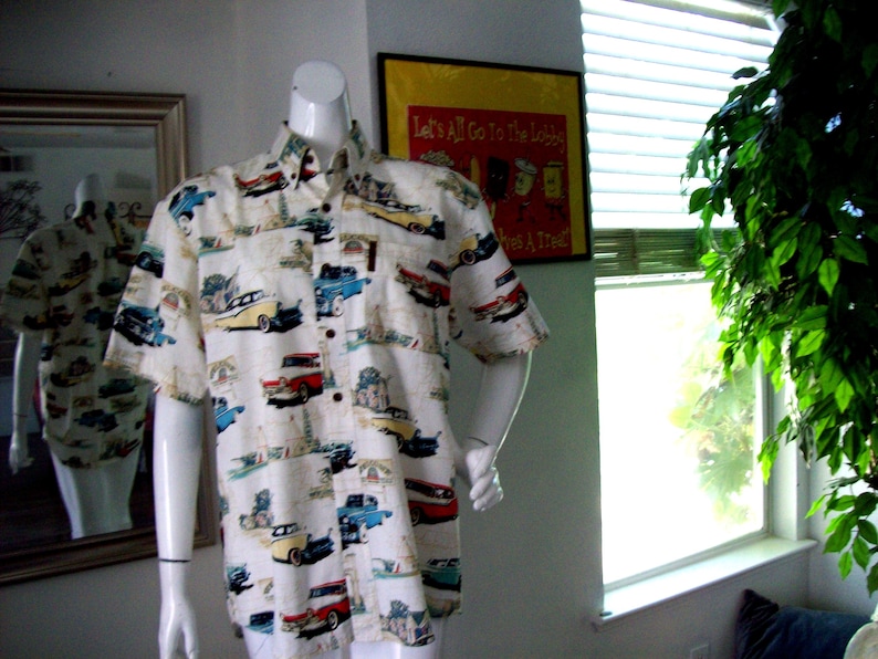Men's Car Show Shirt Hot August Nites RockN'Roll Nomad Station Wagon Rte-66 Sock Hop Dance Party Wing Tip Starched Collar Sz M image 1