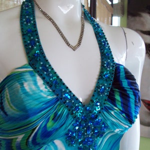 Halter Evening Gown Blue-green Rhinestone Ruched Embellished Back Open ...