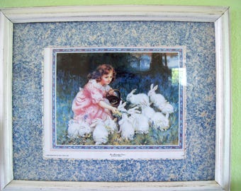 Victorian Girl and Rabbits Lithograph Shabby Chic Framed Picture