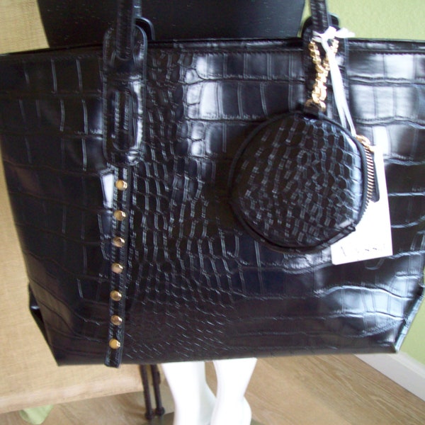 Black Croc Embossed Tote Vegan Leather Large Shoulder Bag with Detachable Coin Purse Carry-All Bag