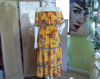 Mexican Fiesta Dress Festival Mariachi Off Shoulder Tier Ruffle Dress by "Lulus" Floral Maxi Dress Orange Lillies Desert Floral Sz XS