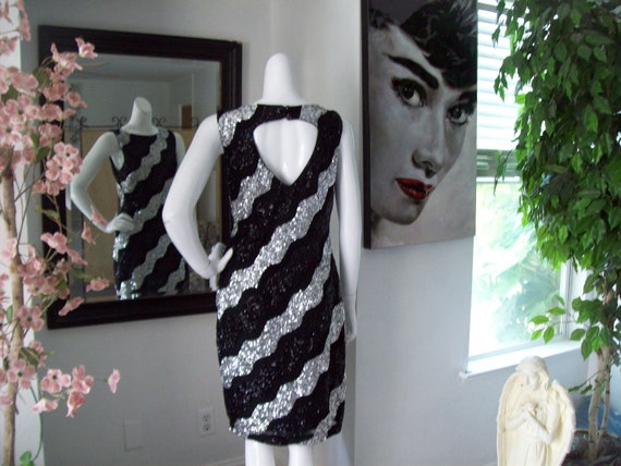 Cache Dress Black Silver Diagonal Stripe Dress Se… - image 3