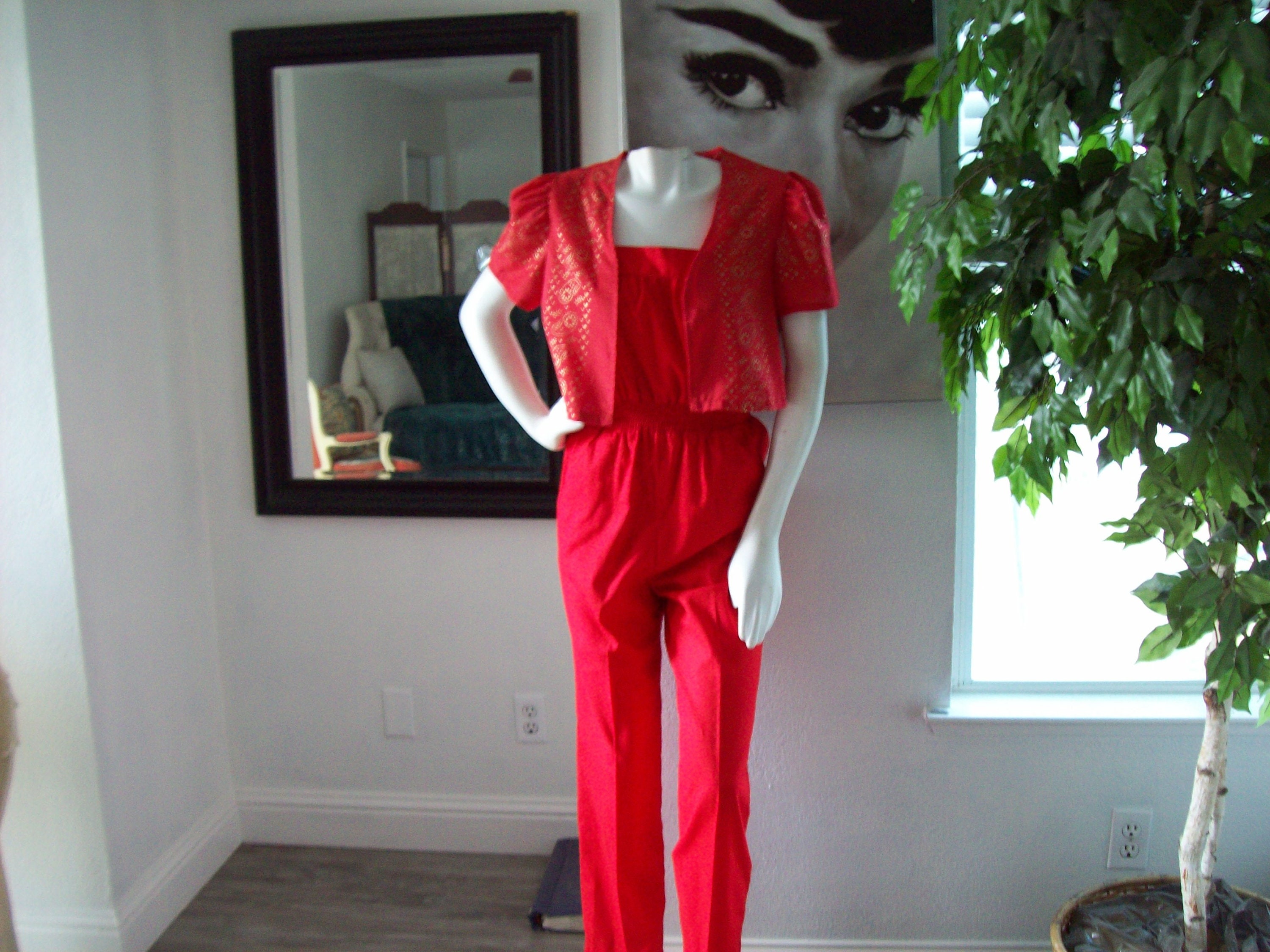 Red Jumpsuit 1970s Union Tag USA Pockets 2-pc Jumpsuit and
