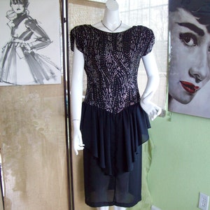 40s Style Cocktail Dress Black Peplum Gold-Silver Glitter Bodice V-Back NightClub Dress Pellini After 5, Sz  6