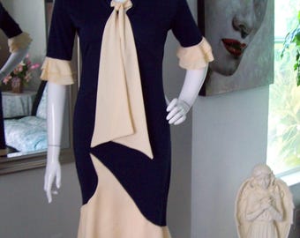 Color Block Dress 2-Tone Navy Muted Peach Long Front Tie Form Fitting Ruffled Tiered Asymmetrical Hemline Office to Dinner 50s-60s Vibe
