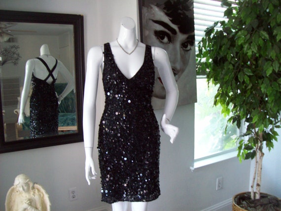 Black Spangle Party Dress Lrg Sequins Shimmy Dres… - image 1