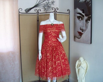 Red-Gold Party Dress Drop Waist Full Swing Skirt Metallic Gold Lacy Floral Fiesta Dress Off Shoulder Layered Neckline Frilly Skirt