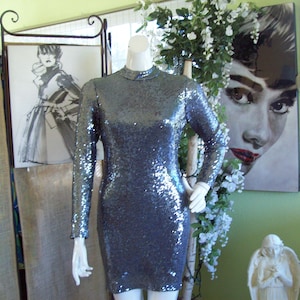 Silver-Blue Bodycon Party Dress Periwinkle Silver Sequin New Years Disco Sexy Sparkle Long Sleeve Cut-Out Back