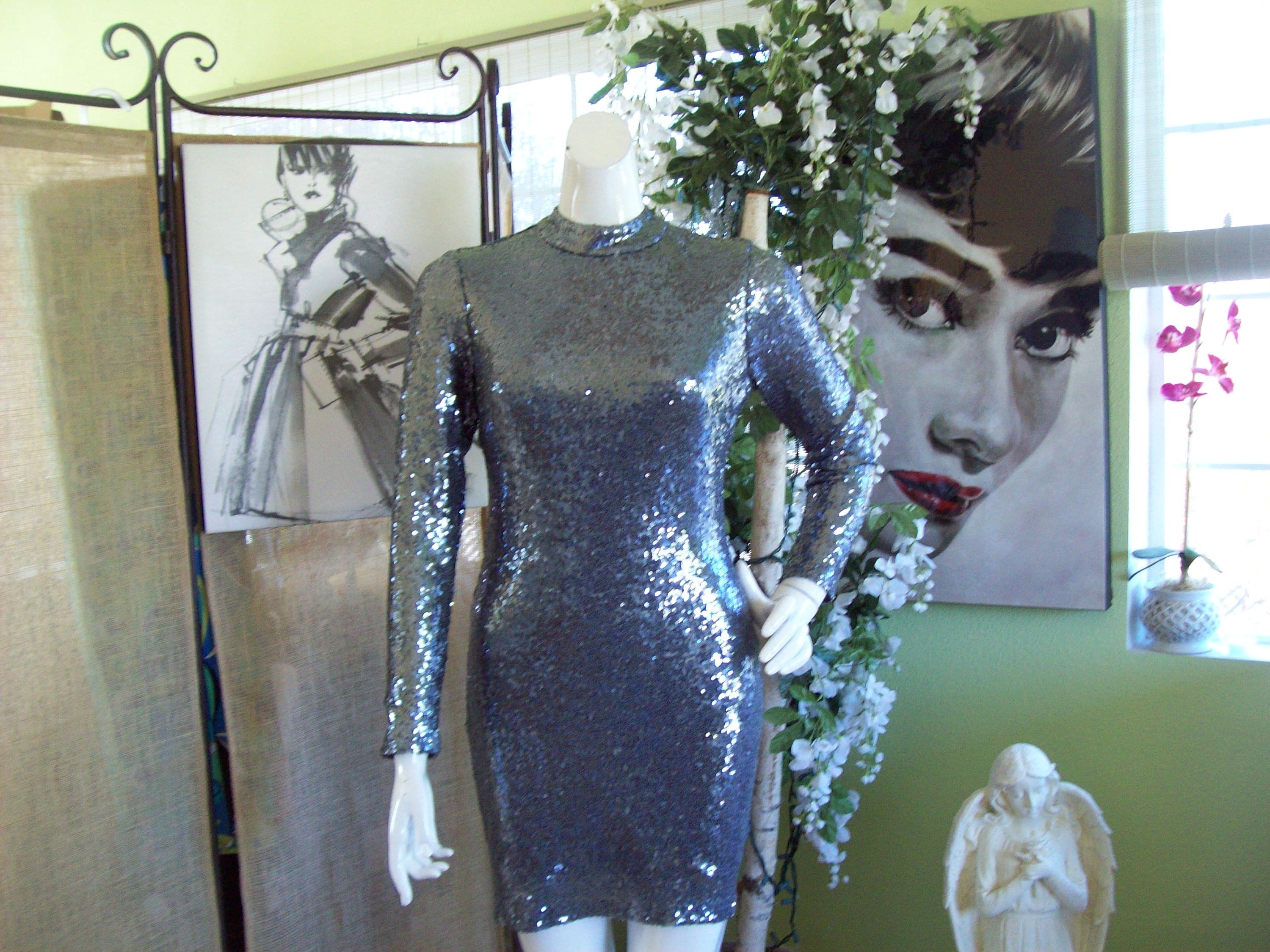 Silver-Blue Bodycon Party Dress Periwinkle Silver Sequin New Years Disco Sexy Sparkle Long Sleeve Cut-Out Back