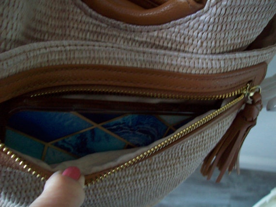 Woven Beige Crossbody Handbag Faux Leather Camel … - image 6