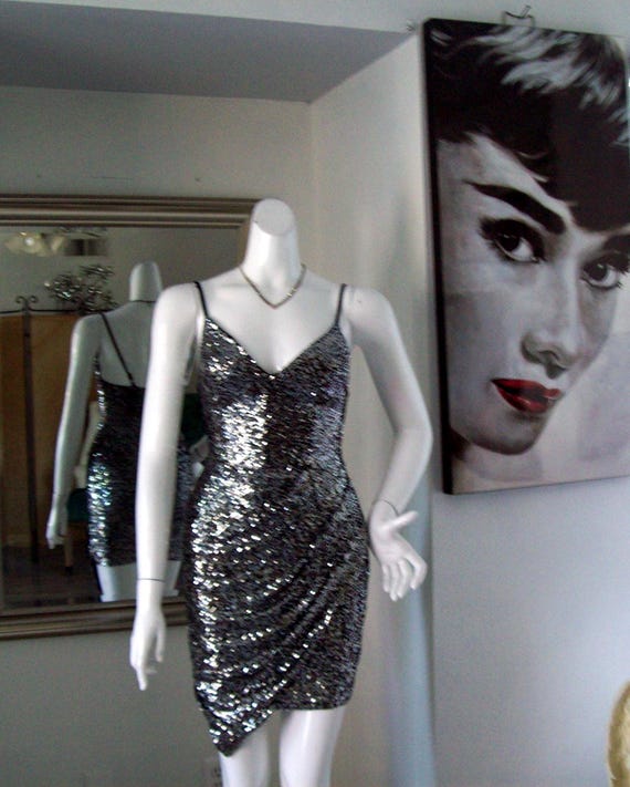 Silver Bodycon Sequins Asymmetrical Hem Adj Straps Ruched Draped Disco Dress