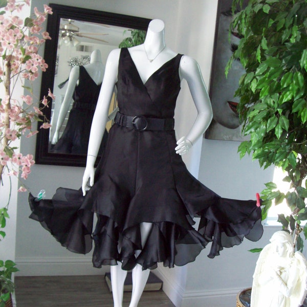 Black Cocktail Dress Asymmetrical 12 Ruffled Panel Hemline Salsa Dress Satin-Like Fabric NightClub Social Black-White Ball Sz 10