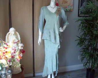 Spencer Alexis Mint Green 2-pc Skirt Set Asymmetrical Top-Skirt Beaded Mocha Lacy Crochet Lapel Figure Flattering V-Neck Sz 8
