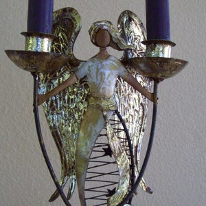 Angel Candlestick Holder Antique Gold Gilded Look Iron Base Intertwining Stars Bookcase Table Fireplace Mantle