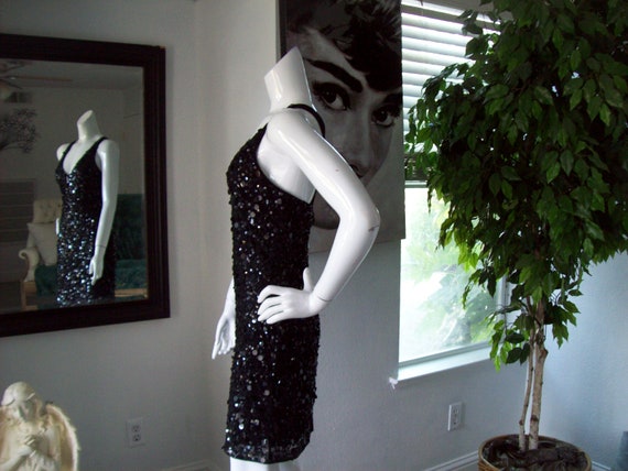 Black Spangle Party Dress Lrg Sequins Shimmy Dres… - image 5