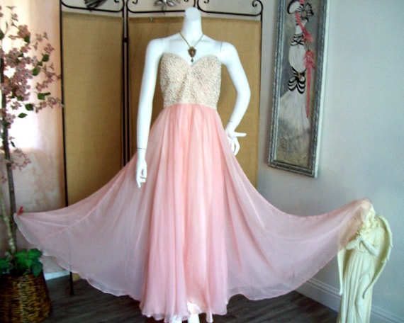 Prom Dress Pink Pearl Formal Aurora Borealis Rhinestone Bodice Gown  Strapless Runway Dress Built-in Bra Designer Gown by Jovani Sz 14