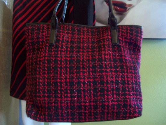 Red-Black Tweed Handbag Polyester and Wool Tweed … - image 4