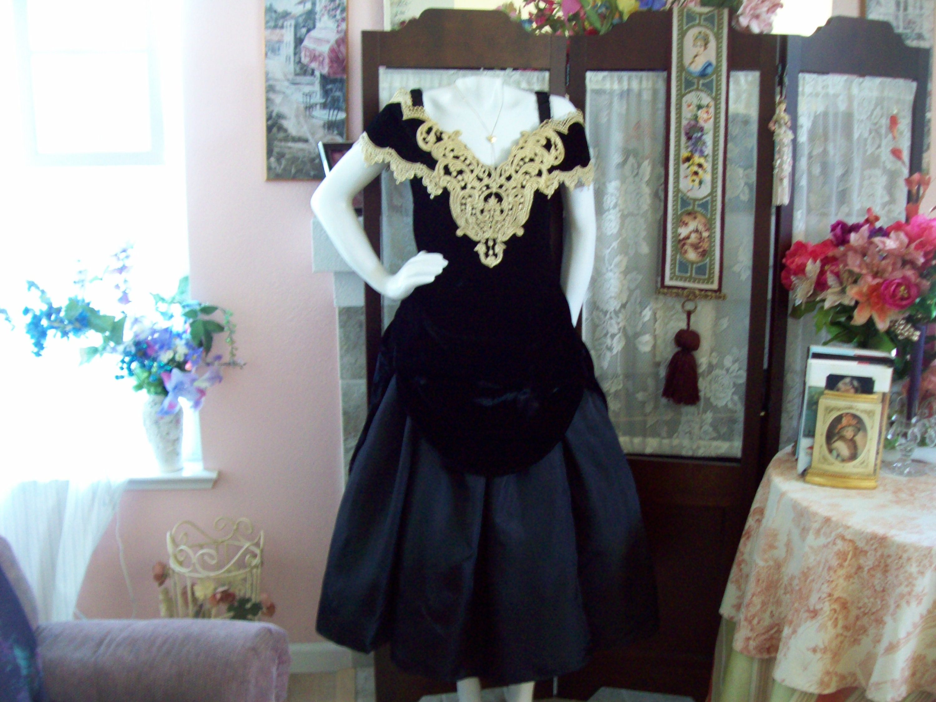 Victorian Dress Black-gold Crushed Velvet and Satin Gold - Etsy