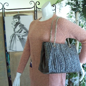 Tweed-Leather Handbag &quot;Alma Tonutti&quot; Italy Pebbled Gray Leather Bag Silver Taupe and Gray Sparkle New Years Eve Shimmer Shoulder Chain