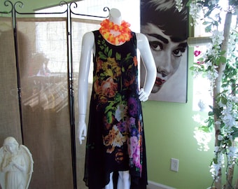 Marc Bouwer Black Shift Dress Floral Asymmetrical Dressy Shift Hawaiian Luau Sheer Wearable Art Floral Bouquet Dress Vacay Dress Hand Wash