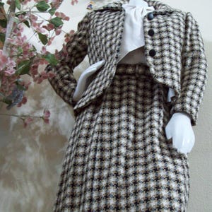 Houndstooth Dress Jacket Doncaster Winter Suit Madmen Peggy Suit Black-Beige-Taupe Knobby Cotton High Collar-Lapel Jacket Dry Cleaned Sz 10