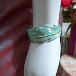 Lucky Leaf-Feather Bangle Bracelet Cuff Heavy Metal Mint-Teal Color with Gold Tones Signed Jewelry