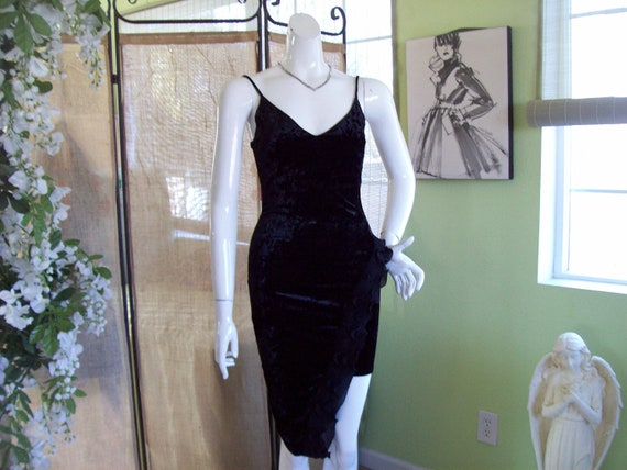 Black Velvet Salsa Dress Bodycon Side Pleated Ruf… - image 1