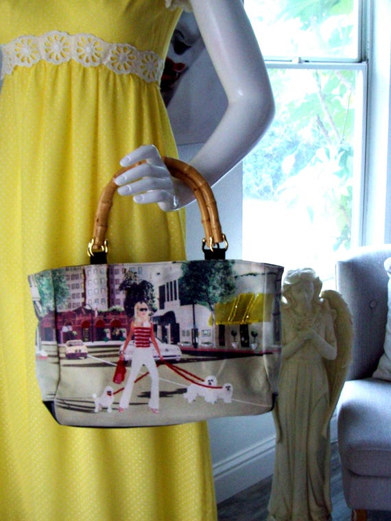 Beaded Tote City Scene Lady Bichon Frise Dogs Wearable Art on Canvas