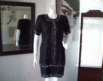 Black Sparkle Cocktail Dress Silver Sequins 2-Tier Beaded Dress Holiday Party Dress NY Eve  Clubbing Dress Sz M by Stenay