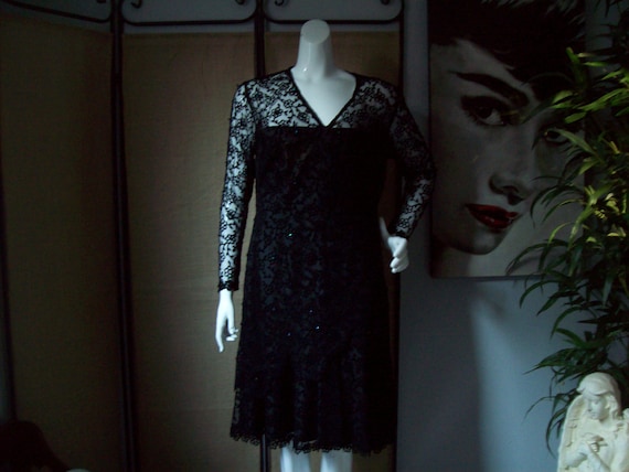 Black Velvet Dress with Lacy Effect of Floral Ove… - image 1