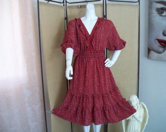 Boho Prairie Dress Red Floral 3/4 Puff Sleeve Dress Ruffle Tiered Hem and back VNeck Cherry Red Civil War CottageCore Dress Romantic Dress