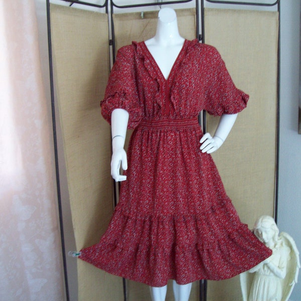 Boho Prairie Dress Red Floral 3/4 Puff Sleeve Dress Ruffle Tiered Hem and back VNeck Cherry Red Civil War CottageCore Dress Romantic Dress