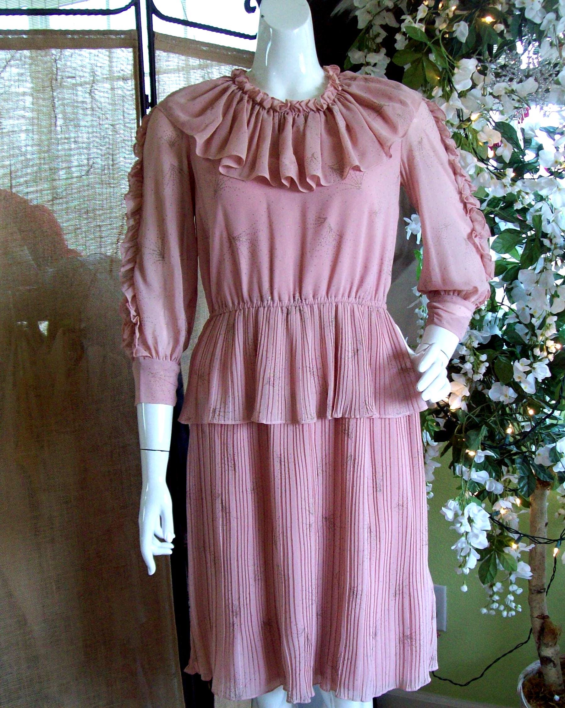 dusty rose peplum dress Pleated Peplum Dress Dusty Rose and Sparkle Gold Blush Lrg Ruffle Collar  Church Sunday Best Sheer Ruffle 3/4 Sleeve Dress 80s Does 40s Sz M