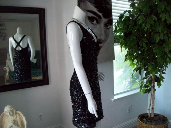 Black Spangle Party Dress Lrg Sequins Shimmy Dres… - image 4