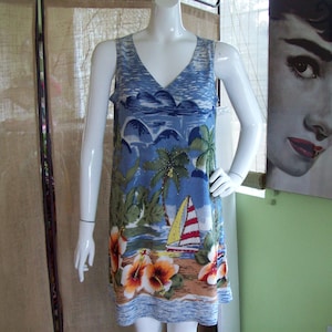 Hawaiian Beaded Shift Bling Shift by Hi Lites Luau Shift Beach Party Large Floral Sailboat Print Palm Trees Vacay Shift, Sz M