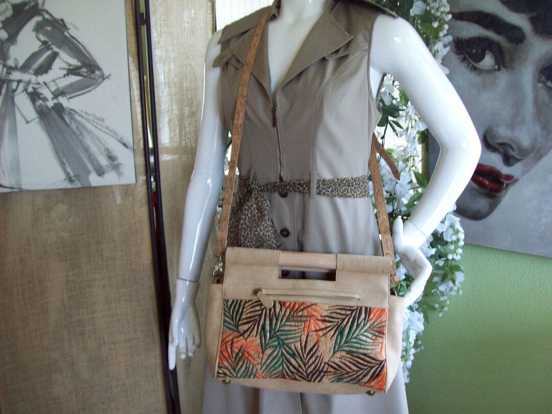 Wooden Handle Monkey Crossbody Footed Tropical Palm Fronds Embroidered