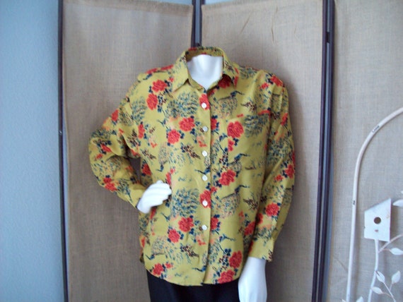 Peacock Chartreuse Blouse Collared Button-Up Made… - image 1