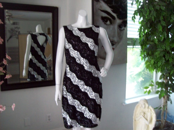 Cache Dress Black Silver Diagonal Stripe Dress Se… - image 1