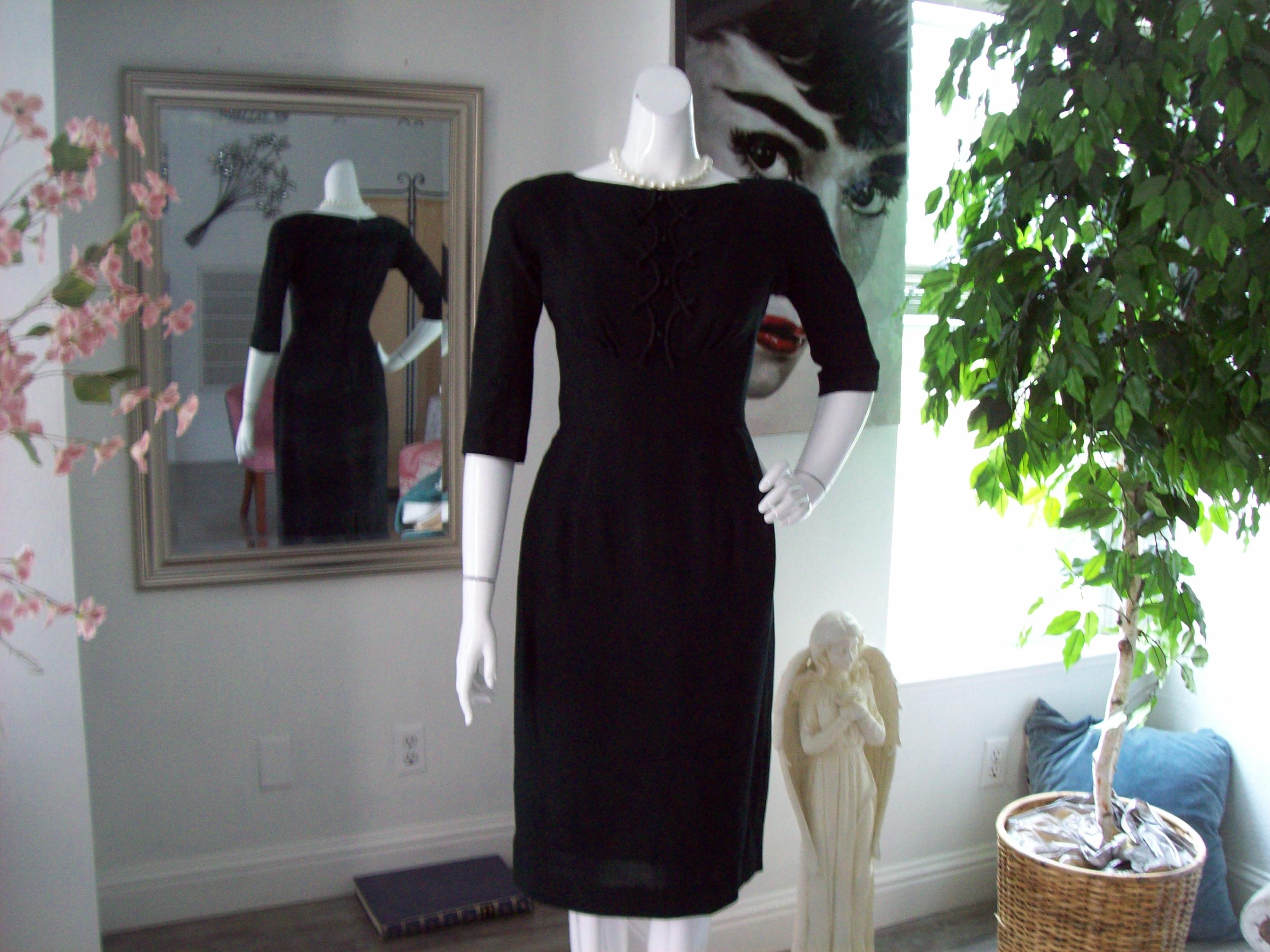 Black Cocktail Dress 1960s Swirl Satin Ribbon Button Bodice HourGlass Figure Boat Neck 3/4 Sleeves Jackie-O Vibe Dry Clean Tag Sz 11