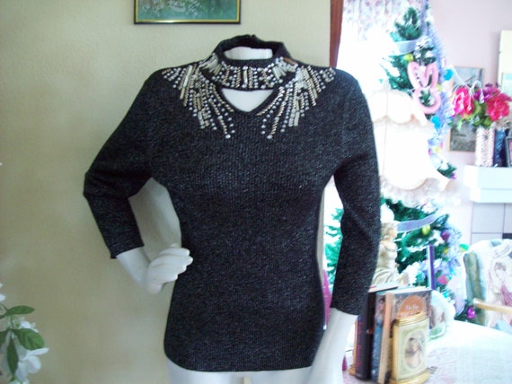 1990s Dressy Sweater Black-silver 