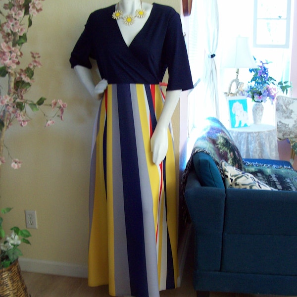 1990s Stripe Dress Maxi Navy and Striped Dress Large Busted Maxi Dress 3/4 sleeves V-Neck Criss-Cross Bodice Yellow, Coral Red, Gray, XXL