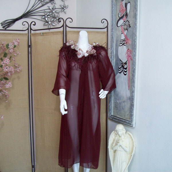 Burgundy Peignoir Robe Sheer Feathered Robe Theater-Play Photo Shoot Theater Prop Boa with Roses Around Neckline One Sz Fits Most