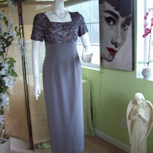 Mother-of-Bride Purple Pewter Dress Beaded Empire Waist Slit Skirt Short Sleeves Silver-Purple Beads