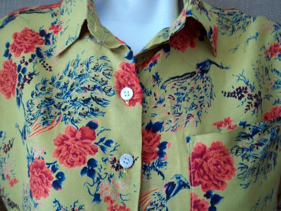 Peacock Chartreuse Blouse Collared Button-Up Made… - image 2