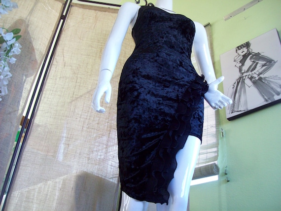 Black Velvet Salsa Dress Bodycon Side Pleated Ruf… - image 9